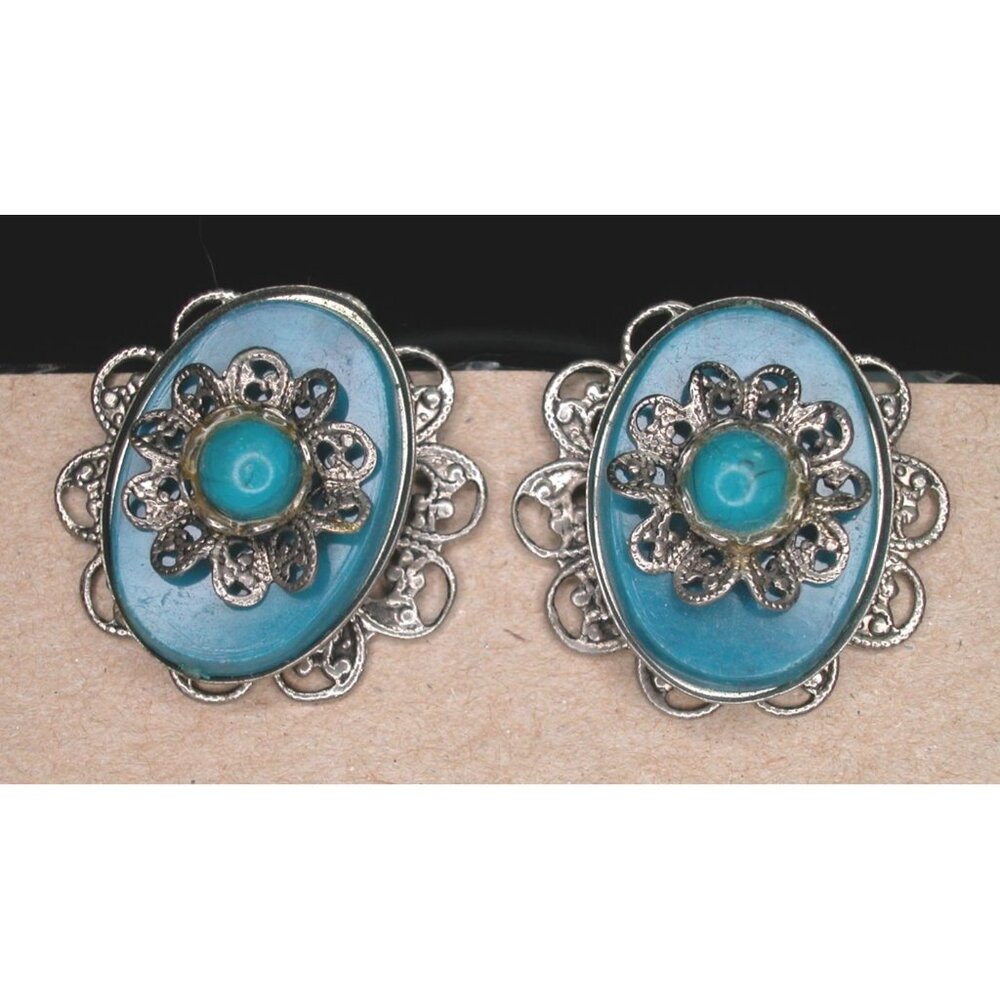 Vintage Silver-Tone Clip-On Earrings With Blue Enamel & Filigree Floral Design